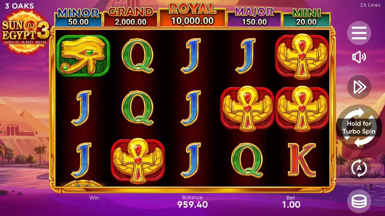 Sun of Egypt 3 session checkpoint at spin 100, balance 959.40 at bet 1.00 - Eye of Horus and Ankh symbols on reels