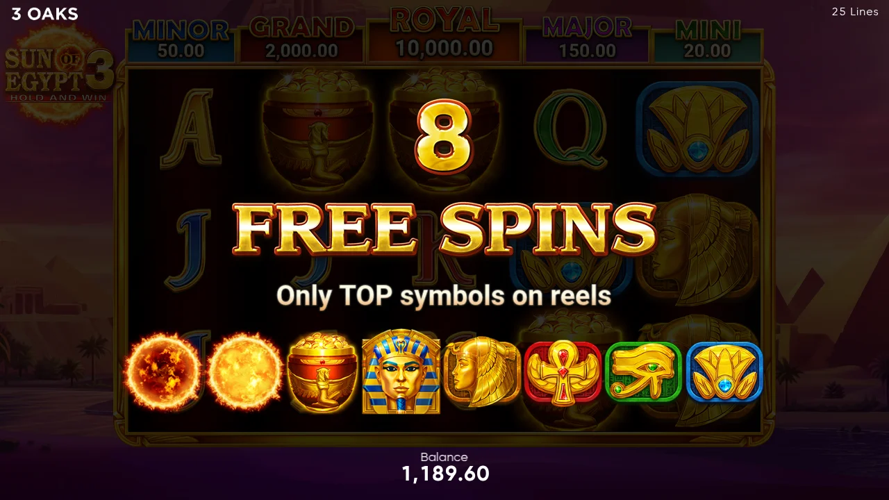 Sun of Egypt 3 FREE SPINS trigger overlay showing 8 FREE SPINS and Only TOP symbols on reels, balance 1,189.60 at bet 1.00