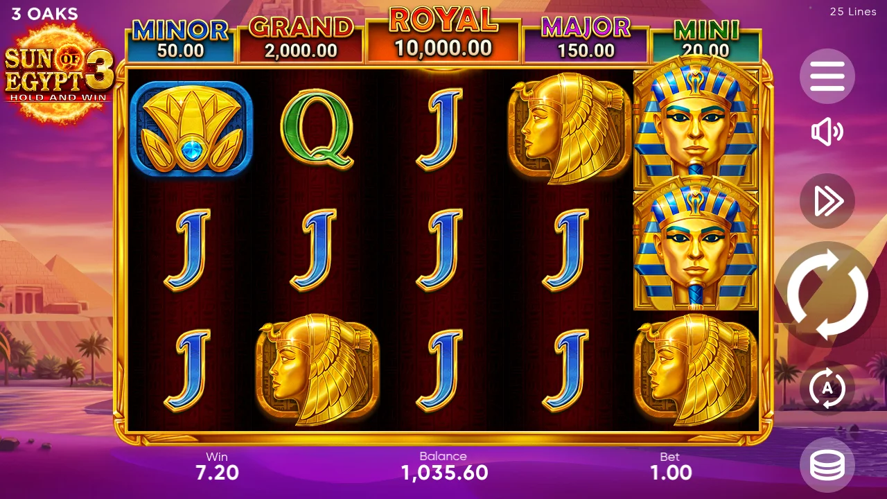 Sun of Egypt 3 checkpoint at spin 1000, balance 1,035.60 at bet 1.00 - base game reels with Pharaoh and card symbols