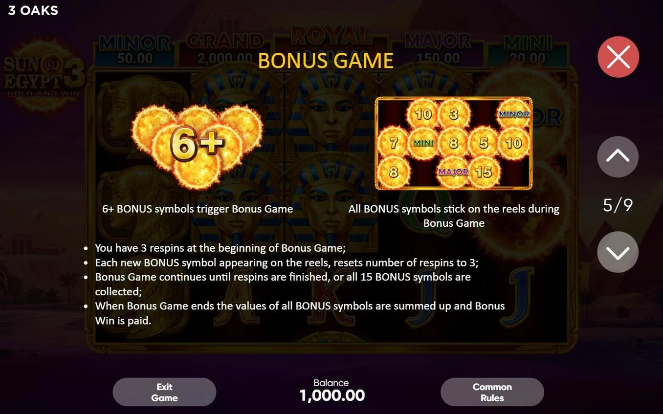 Sun of Egypt 3 BONUS GAME rules showing 6+ Bonus symbols trigger condition and 15-position board layout
