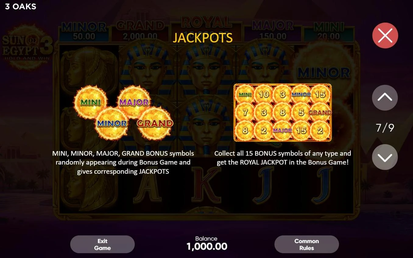 Sun of Egypt 3 JACKPOTS rules showing MINI, MINOR, MAJOR, GRAND jackpot symbols and Royal 15-position collect condition